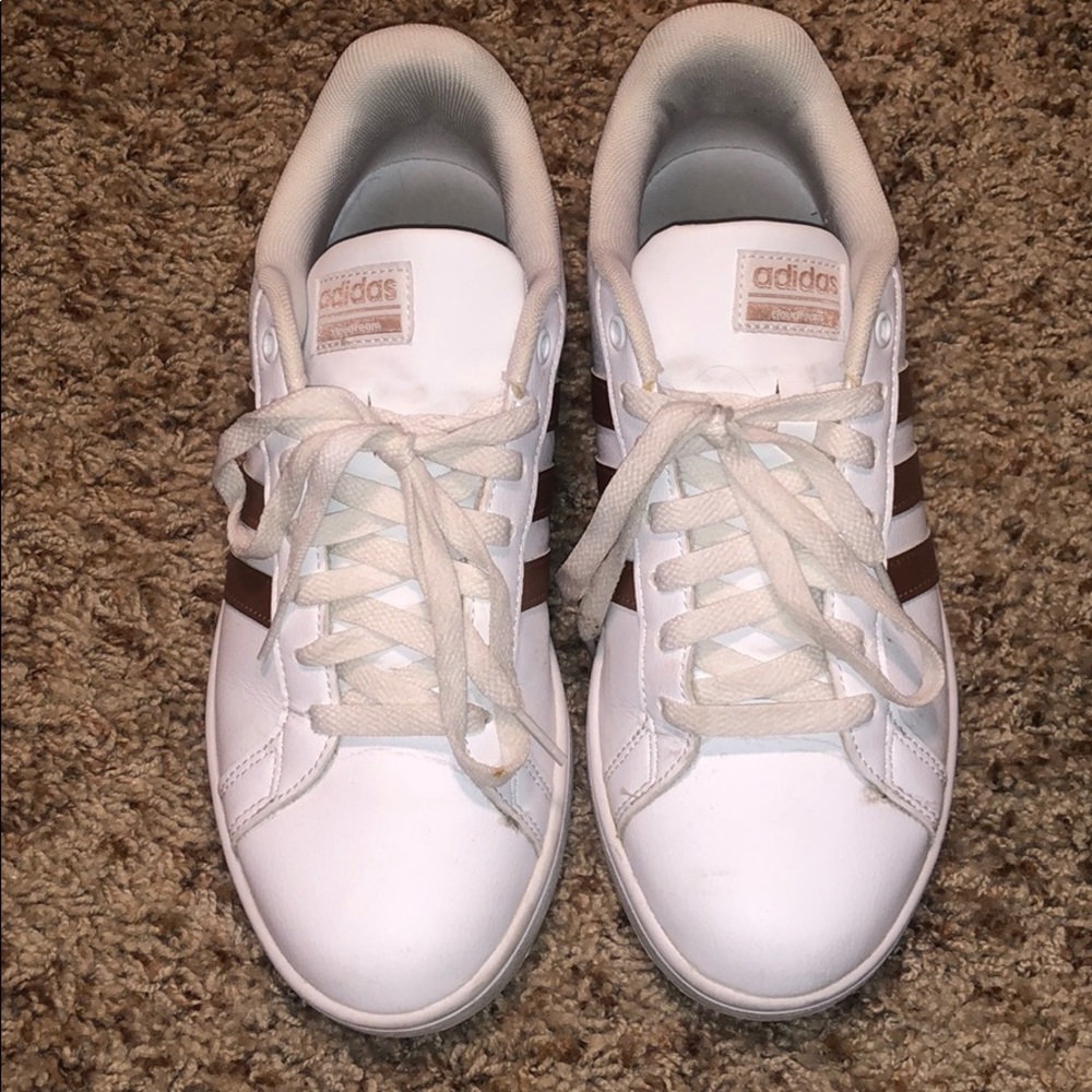 Adidas cloud foam pink and white sneakers